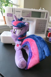 Size: 1024x1536 | Tagged: safe, artist:kazzysart, derpibooru import, twilight sparkle, twilight sparkle (alicorn), alicorn, pony, beanie (plushie), irl, photo, plushie, prone, sewing machine, solo