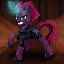 Size: 3445x3445 | Tagged: safe, artist:php97, derpibooru import, tempest shadow, pony, broken horn, bruised, crying, eye scar, female, magic, mare, raised hoof, scar, solo, sparking horn