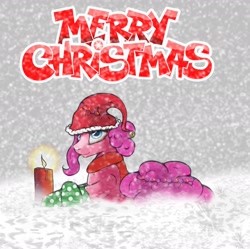 Size: 1808x1803 | Tagged: safe, artist:tincantim, derpibooru import, pinkie pie, earth pony, pony, candle, christmas lights, clothes, hat, prone, santa hat, snow, socks, solo