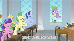 Size: 2880x1610 | Tagged: safe, derpibooru import, edit, edited screencap, screencap, berry blend, berry bliss, citrine spark, fire quacker, huckleberry, peppermint goldylinks, spike, dragon, earth pony, pegasus, pony, unicorn, marks for effort, classroom, dead poets society, desk, eyes closed, female, flying, friendship student, hoof on chest, male, mare, oh captain my captain, oh dragon my dragon, salute, stallion, students, teaching, winged spike