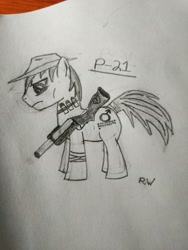 Size: 3036x4048 | Tagged: safe, artist:risen_warrior, derpibooru import, oc, oc only, oc:p-21, fallout equestria, fallout equestria: project horizons, fanfic art, gun, sketch, solo, traditional art, weapon