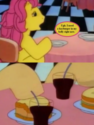 Size: 576x768 | Tagged: safe, derpibooru import, edit, edited screencap, screencap, bon bon (g1), patch (g1), g1, my little pony tales, the impractical joker, the one where pinkie pie knows, burger, cropped, food, g4 to g1, generation leap, hay burger, plates, soda