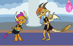 Size: 1024x638 | Tagged: safe, artist:author92, derpibooru import, edit, edited screencap, screencap, ocellus, smolder, changeling, dragon, alternate costumes, clothes, disguise, disguised changeling, dragon ocellus, dragonellus, dragoness, female, mma, sports bra