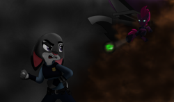 Size: 4000x2348 | Tagged: safe, artist:ejlightning007arts, derpibooru import, tempest shadow, rabbit, unicorn, my little pony: the movie, action, action pose, airship, crossover, epic, fanart, female, fight, judy hopps, obsidian orb, police, police officer, police uniform, storm, zootopia