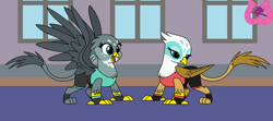 Size: 1024x454 | Tagged: safe, artist:author92, derpibooru import, gabby, ocellus, changeling, griffon, alternate costumes, clothes, disguise, disguised changeling, muay thai