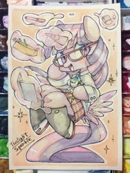 Size: 960x1280 | Tagged: safe, artist:mosamosa_n, twilight sparkle, twilight sparkle (alicorn), alicorn, pony, semi-anthro, adorkable, butt wings, clothes, cute, dork, eraser, glasses, notebook, pencil, school uniform, schoolgirl, simple background, solo, traditional art