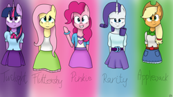 Size: 3840x2160 | Tagged: safe, artist:vicakukac200, derpibooru import, applejack, fluttershy, pinkie pie, rarity, twilight sparkle, twilight sparkle (alicorn), alicorn, anthro, arm hooves, clothes, cowboy hat, equestria girls outfit, female, hat, looking at you, mare, stetson