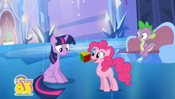 Size: 1280x720 | Tagged: safe, derpibooru import, screencap, pinkie pie, spike, twilight sparkle, unicorn twilight, dragon, earth pony, pony, unicorn, 1983, crystal palace, female, mare, official, pinkie being pinkie, pinkie physics, prehensile tongue, rubik's cube, tongue out