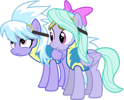 Size: 1244x1009 | Tagged: safe, artist:zacatron94, derpibooru import, cloudchaser, flitter, pegasus, pony, clothes, duo, duo female, female, goggles, mare, simple background, sisters, standing, transparent background, uniform, vector, wonderbolt trainee uniform
