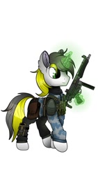 Size: 1124x1999 | Tagged: safe, artist:yellow-glaze, derpibooru import, oc, oc only, oc:yellowglaze, unicorn, camouflage, clothes, gun, magic, male, military, military uniform, smiling, solo, telekinesis, uniform, vector, vest