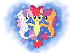 Size: 2048x1536 | Tagged: safe, artist:kimjoman, derpibooru import, apple bloom, scootaloo, sweetie belle, pony, seapony (g4), season 8, surf and/or turf, accessories, bow, cute, cutie mark crusaders, female, filly, heart, heart background, looking at you, one eye closed, sea-mcs, seaponified, seapony apple bloom, seapony scootaloo, seapony sweetie belle, smiling, species swap, wink