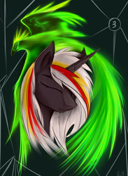 Size: 1500x2050 | Tagged: safe, artist:lth935, oc, oc only, oc:pyrelight, oc:velvet remedy, balefire phoenix, phoenix, pony, unicorn, fallout equestria, bust, fanfic, fanfic art, female, horn, mare, portrait, solo