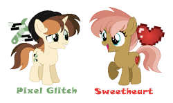 Size: 691x413 | Tagged: safe, artist:andy-hazards, derpibooru import, oc, oc only, oc:pixel glitch, oc:sweetheart, earth pony, pony, unicorn, base used, beanie, brother and sister, colt, duo, female, filly, hat, male, offspring, parent:button mash, parent:sweetie belle, parents:sweetiemash, siblings, simple background, transparent background