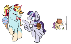Size: 1600x1000 | Tagged: safe, artist:paperbagpony, derpibooru import, oc, oc only, oc:cloud steel, oc:paper bag, oc:star gaze, earth pony, pegasus, pony, unicorn, bad luck, couple, dropped ice cream, female, food, funny, group, ice cream, mare, paper bag, wing hands