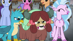 Size: 1280x720 | Tagged: safe, derpibooru import, screencap, gallus, silverstream, yona, classical hippogriff, griffon, hippogriff, yak, a rockhoof and a hard place, female, fine catch, friendship student, grin, male, smiling, smirk
