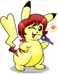 Size: 1740x2226 | Tagged: safe, artist:aleximusprime, oc, oc only, oc:eilemonty, pikachu, birthday gift, crossover, cute, diabetes, eilemonty, female, gift art, heart, microphone, my little pokémon, one eye closed, pictogram, pokefied, pokémon, solo, species swap, wink