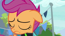 Size: 1920x1080 | Tagged: safe, derpibooru import, screencap, scootaloo, pony, the washouts (episode), eyes closed, female, pint-sized dynamite, sad, solo, washouts uniform