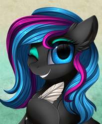 Size: 1446x1764 | Tagged: safe, artist:pridark, derpibooru import, oc, oc:scribbler, earth pony, pony, abstract background, bust, commission, female, looking at you, mare, one eye closed, portrait, quill, smiling, solo, wink