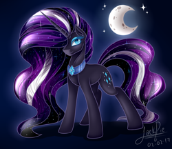 Size: 1850x1600 | Tagged: safe, artist:jack-pie, idw, nightmare rarity, pony, unicorn, crescent moon, hair over one eye, looking at you, moon, signature, smiling, solo, stars