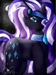 Size: 768x1024 | Tagged: safe, artist:purple-splat-69, idw, nightmare rarity, pony, unicorn, moon, sad, solo, stars