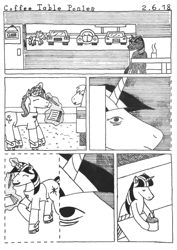 Size: 1090x1542 | Tagged: safe, artist:thrashman, derpibooru import, twilight sparkle, car, comic, comic strip, dialogue, monochrome, roller skates