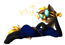 Size: 1933x1349 | Tagged: safe, artist:alithecat1989, oc, oc only, oc:golden gear, pony, unicorn, clothes, colored pupils, dialogue, female, goggles, looking at you, mare, request, simple background, smiling, transparent background