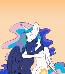 Size: 1500x1707 | Tagged: safe, artist:alloco, derpibooru import, princess celestia, princess luna, alicorn, pony, chest fluff, duo, ear fluff, eyes closed, female, gradient background, happy, hug, mare, simple background, sisters, smiling