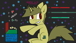 Size: 5120x2880 | Tagged: safe, artist:exxie, derpibooru import, oc, oc only, oc:whatsapony, unicorn, hax, heart, item box, life bar, male, mp bar, sitting, smiling, stallion, sword, weapon, xp bar