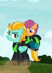 Size: 433x608 | Tagged: safe, derpibooru import, screencap, lightning dust, scootaloo, pegasus, pony, the washouts (episode), clothes, cropped, duo, female, filly, helmet, mare, nervous, pint-sized dynamite, smiling, uniform, washouts uniform, wings