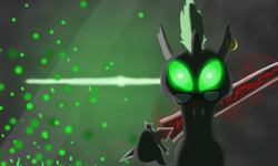 Size: 2000x1200 | Tagged: safe, artist:mrdrawfour, derpibooru exclusive, oc, oc only, oc:excepfaedatus, changeling, changeling oc, ear piercing, earring, edgy, fangs, glasses, glowing eyes, green changeling, jewelry, male, piercing, runes, solo, sword, weapon