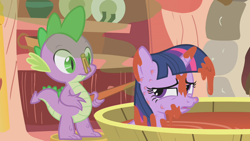 Size: 1280x720 | Tagged: safe, screencap, spike, twilight sparkle, unicorn twilight, dragon, pony, unicorn, season 1, winter wrap up, bath, bathtub, bee sting, brush, clothespin, female, male, nose pinch, ouch, skunk spray, smell, smelly, stool, tomato juice, visible stench