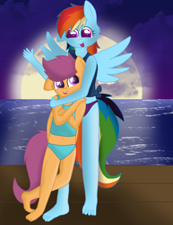 Size: 2550x3300 | Tagged: safe, artist:skyflys, derpibooru import, rainbow dash, scootaloo, anthro, plantigrade anthro, barefoot, belly button, clothes, cute, duo, feet, female, happy, hug, midriff, moon, moonlight, night, scootalove, sisters, swimsuit, tankini, water