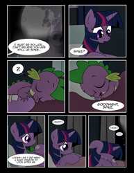 Size: 1275x1650 | Tagged: safe, artist:dsana, spike, twilight sparkle, dragon, pony, comic:to look after, bed, comic, crying, hospital, hospital bed, mare in the moon, moon, sleeping, z