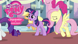 Size: 993x559 | Tagged: safe, derpibooru import, edit, edited screencap, screencap, applejack, fluttershy, pinkie pie, rarity, twilight sparkle, earth pony, pegasus, pony, unicorn, a canterlot wedding, friendship is abandonment, my little pony logo