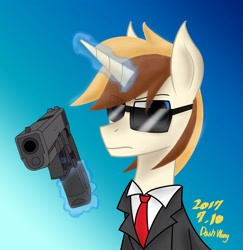 Size: 3438x3533 | Tagged: safe, artist:dash wang, oc, oc only, oc:cream brun, pony, unicorn, blue sky, clothes, glock, glock 17, gun, magic, male, necktie, suit, sunglasses, telekinesis, weapon