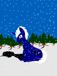 Size: 2000x2667 | Tagged: safe, artist:nobody number 2, derpibooru import, oc, oc:regal thunder, unicorn, cutie mark, feeling down, forest, shadow, snow, snowfall