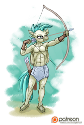 Size: 1002x1500 | Tagged: safe, artist:smudge proof, derpibooru import, terramar, anthro, classical hippogriff, hippogriff, plantigrade anthro, surf and/or turf, abs, aiming, archer, armpits, arrow, belly button, bow (weapon), bow and arrow, featureless chest, loincloth, muscles, patreon, patreon logo, reward, simple background, solo, transparent background, weapon