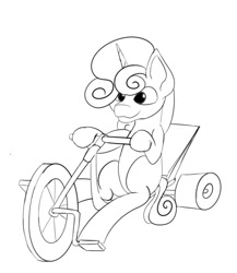 Size: 694x799 | Tagged: safe, artist:the-fox-experiment, derpibooru import, sweetie belle, unicorn, :3, bicycle, big wheel, sketch