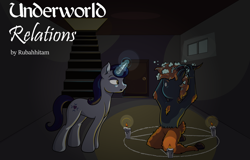 Size: 1024x654 | Tagged: safe, artist:moonlightfan, derpibooru import, moonlight raven, oc, basement, candle, cover art