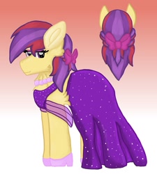 Size: 1325x1473 | Tagged: safe, artist:annabear1211, derpibooru import, oc, oc only, oc:pippin rose, earth pony, pony, clothes, dress, kindverse, offspring, parent:apple bloom, parent:tender taps, parents:tenderbloom, solo