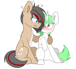 Size: 1881x1700 | Tagged: safe, artist:despotshy, oc, oc only, earth pony, pony, unicorn, blushing, colored pupils, female, freckles, male, mare, one eye closed, simple background, sitting, stallion, transparent background