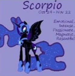 Size: 476x481 | Tagged: safe, artist:funfunland22, nightmare moon, alicorn, pony, female, needs more jpeg, purple background, scorpio, simple background, solo, wings, zodiac