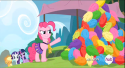 Size: 1280x694 | Tagged: safe, derpibooru import, screencap, applejack, pinkie pie, rarity, twilight sparkle, twilight sparkle (alicorn), alicorn, earth pony, pony, unicorn, rainbow falls, all new, angry, cheerleader outfit, cheerleader pinkie, horn, hub logo, pointing, pom pom, skirt, text