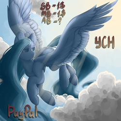 Size: 3000x3000 | Tagged: safe, artist:rico_chan, derpibooru import, oc, oc only, pony, auction, cloud, commission, digital art, female, flying, high res, looking to the right, mare, sky, solo, spread wings, wings, ych example, your character here