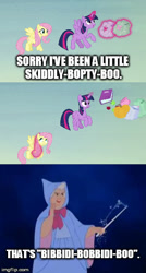 Size: 300x561 | Tagged: safe, derpibooru import, edit, edited screencap, screencap, fluttershy, twilight sparkle, twilight sparkle (alicorn), alicorn, pegasus, pony, the hooffields and mccolts, caption, cinderella, disney, fairy godmother, flying, imgflip, magic, meme, pumpkin, wand