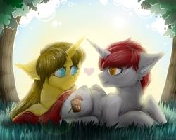 Size: 2560x2048 | Tagged: safe, artist:rico_chan, derpibooru import, oc, oc only, oc:ayza, oc:madness, pony, unicorn, digital art, duo, ear fluff, female, grass, heart, heart eyes, high res, looking at each other, love, male, mare, oc x oc, prone, shipping, signature, sitting, stallion, straight, tree, wingding eyes, ych result