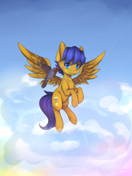 Size: 1290x1725 | Tagged: safe, artist:mikanskii, derpibooru import, oc, oc only, oc:crushingvictory, bird, pegasus, pony, chibi, detailed wings, flight, full color, in air, male, robin, shading, smiling, solo, stallion, ych result