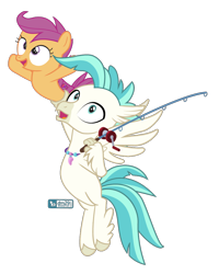 Size: 800x1000 | Tagged: safe, artist:dm29, derpibooru import, scootaloo, terramar, classical hippogriff, hippogriff, seapony (g4), female, fishing rod, male, open mouth, seaponified, seapony scootaloo, simple background, species swap, transparent background