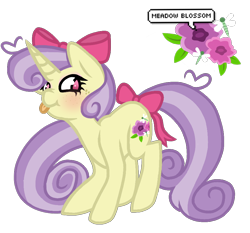 Size: 866x808 | Tagged: safe, artist:chococakebabe, derpibooru import, oc, oc:meadow blossom, pony, unicorn, bow, female, hair bow, mare, simple background, solo, tail bow, tongue out, transparent background