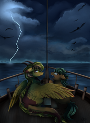 Size: 2550x3509 | Tagged: safe, artist:pridark, derpibooru import, lightning streak, oc, oc only, bird, crow, dracony, pony, cloud, commission, dark clouds, lightning, ocean, open mouth, panicking, scenery, ship, sitting, solo, storm, unamused